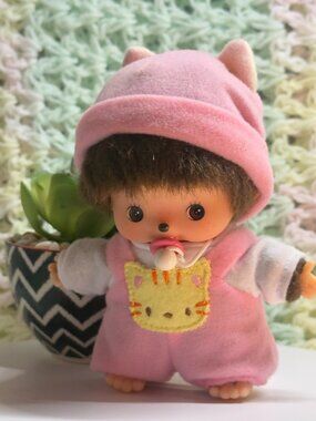 Sekiguchi Bebichhichi Monchhichi Baby Cat Kitty Pacifier Pink Costume Doll 5"